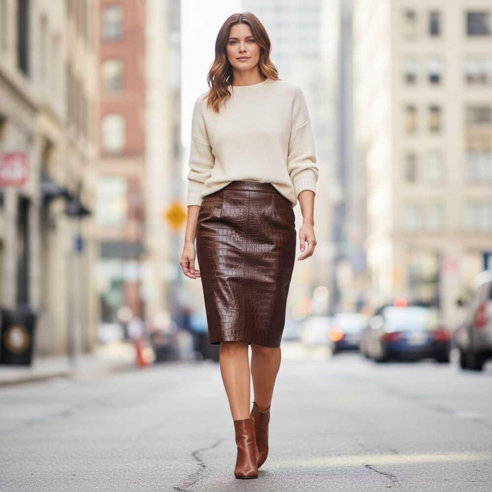 LAFAYETTE 148 NY | Women’s Dark Brown Glazed Leather Pencil Skirt SZ 6P